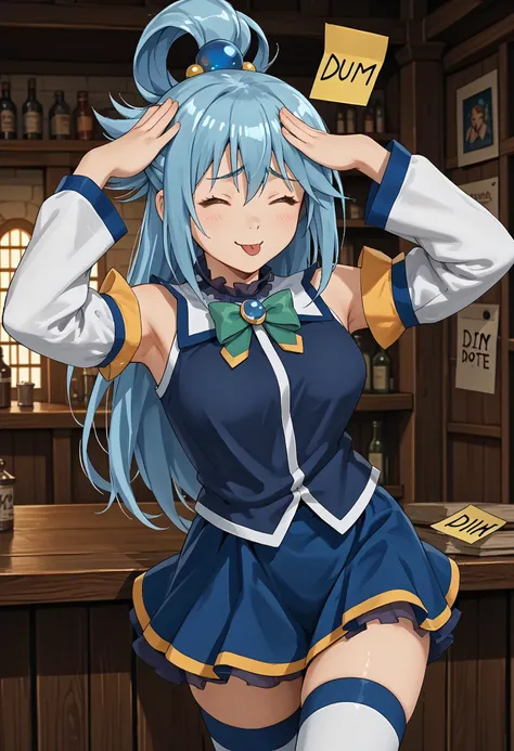 score_9,score_8_up,score_7_up,source_anime,fantasy,midevil tavern,<lora:Aqua_Pony:0.8>,Aqua_(Konosuba),blue_eyes,blue_hair,long_hair,hair_rings,medium_breasts,bare_shoulders,blue_skirt,blue_thighhighs,detached_sleeves,green_bowtie,hair_ornament,miniskirt,white_sleeves,white_thighhighs,sleeveles_shirt,blue_shirt,<lora:DumStickyNote_XLPD:1.1>,dumstickyNote,sticker,<lora:AhEtoBlehMeme_pdxl_Incrs_v1:0.8>,AhEtoBlehMeme,closed eyes,tongue out,:p,hands on own head,smile,