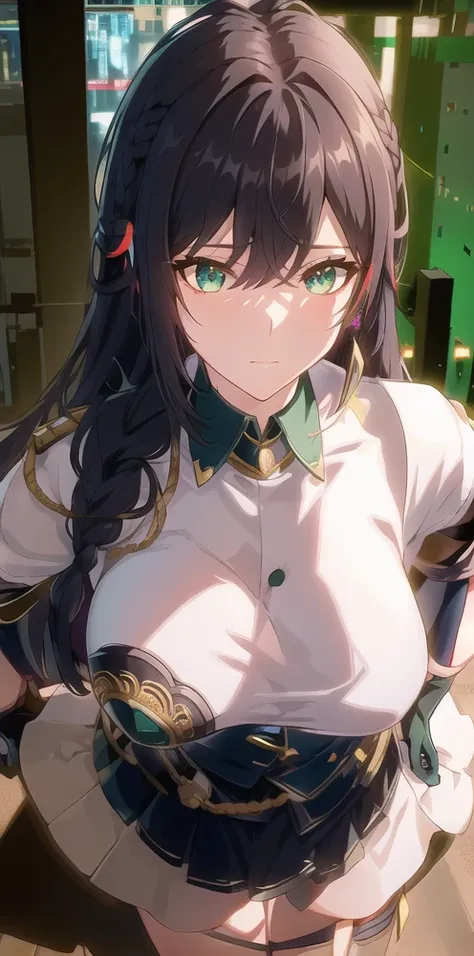 ((upper body, from above side,leaning forward,))close up, (photorealistic:1.3), large breasts, masterpiece, best quality, (intricate details:1.2), (scenery:1.11), solo, face focus, close up, ultra high res, right anatomy, detailed skin, beautiful face, 1 girl,shy,medium breasts,dress, earrings,blue_eyes,pupils sparkling, ponytail,jewelry, very_long_hair, unifor, cyberpunk city background, Rinya, black_hair, braid, black_gloves, black_hair, earrings,  gloves, green_eyes, hair_ornament, jewelry,green long_hair, white green military_uniform, hand on chest, hand on waist, hand on ass, hand on hip, looking at viewer,