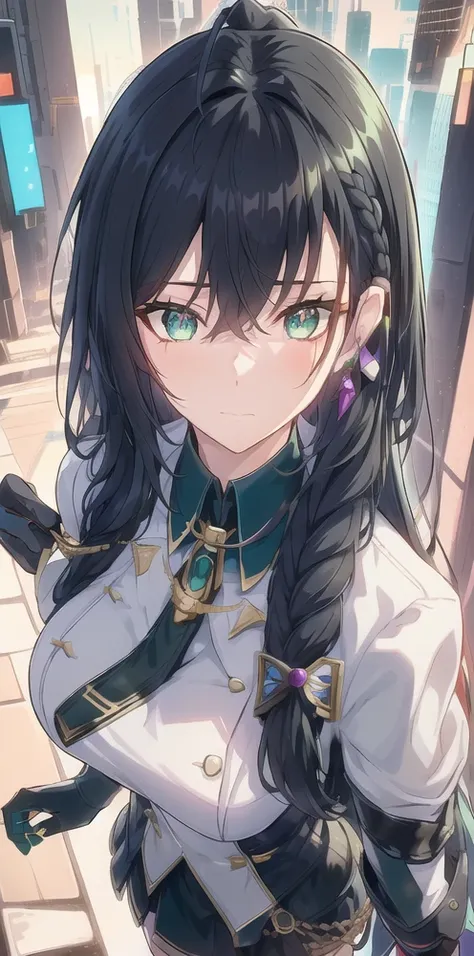 ((upper body, from above side,leaning forward,))close up, (photorealistic:1.3), large breasts, masterpiece, best quality, (intricate details:1.2), (scenery:1.11), solo, face focus, close up, ultra high res, right anatomy, detailed skin, beautiful face, 1 girl,shy,medium breasts,dress, earrings,blue_eyes,pupils sparkling, ponytail,jewelry, very_long_hair, unifor, cyberpunk city background, Rinya, black_hair, braid, black_gloves, black_hair, earrings, gloves, green_eyes, hair_ornament, jewelry,green long_hair, white green military_uniform, hand on chest, hand on waist, hand on ass, hand on hip, looking at viewer,