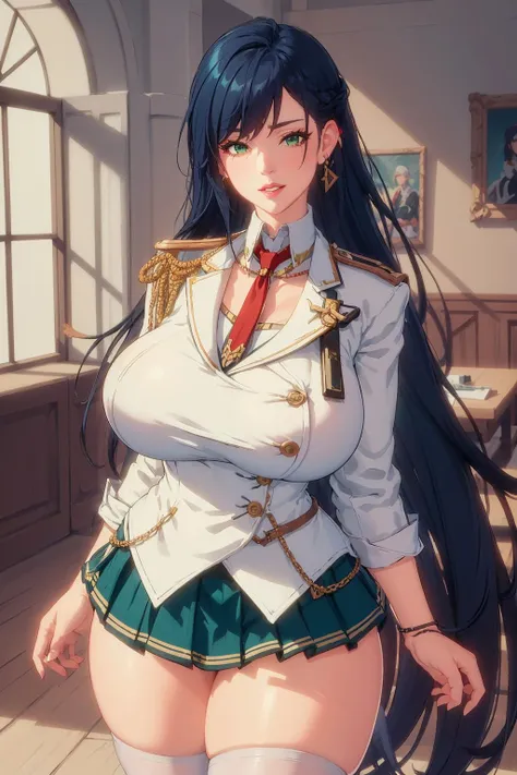 (((Masterpiece))), (((Best Quality))), ((Super Detail)) , (An extremely fine and beautiful lady: 1.4),(1girl),riniya_\(tower of fantasy\),white skin,(((full clothes,buttocks:1.1 military, (white_military_uniform:1.3), green_pleated_skirt, necktie, red_necktie, shirt, uniform, white stockings,))),green eyes, multicolored hair, (((lips, parted lips, make-up))),white teeth, light smile, indoors, perfect face,(huge breasts:1.4), thick thighs, cleavage, curvy, indoors, ultra realistic 8k cg, picture-perfect face, flawless, clean, masterpiece, professional artwork, famous artwork, cinematic lighting, cinematic bloom, perfect face, beautiful face, beautiful eyes, soft hair, long hair, detailed breasts ,high thighs, (huge thighs:1.4), perfect body shape <lora:Rinya_TOF_V1.3.1:1:MIDD>