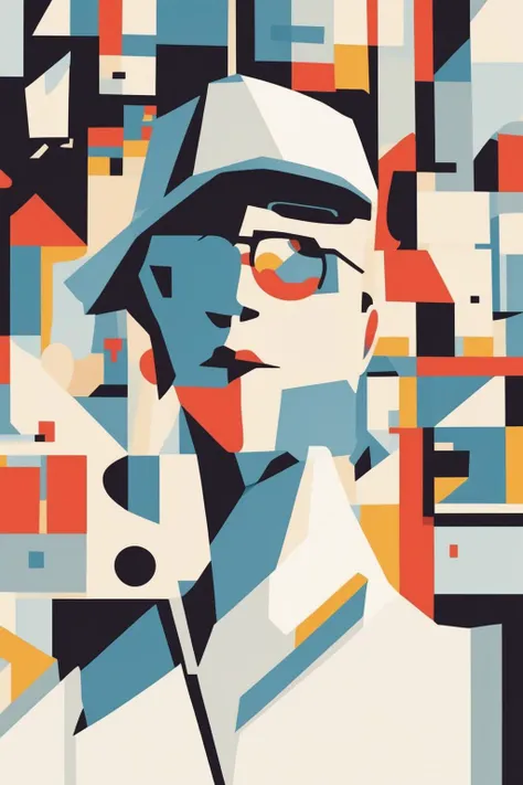 Josh Agle Style - side perspective, human in portrait perspective shot,cartoon and lineer in the style of suprematism