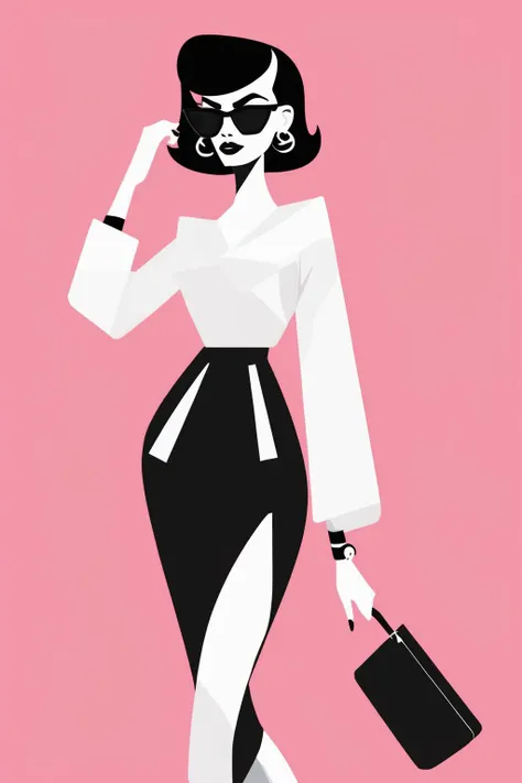 Josh Agle Style - woman fashion illustration of the Powerpuff Girl,fashion,minimalist, Vector, white background,Solid Background, Sharpness and clarity,masterpiece, trending on Artstation and Dribbble.
