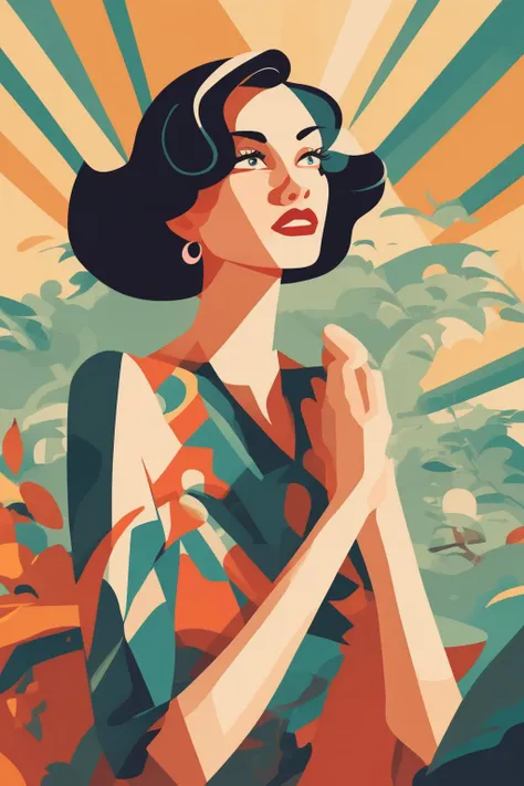 Josh Agle Style - a beautiful woman staring at someone in disbelief, style of Tom Whalen and Josh Agle