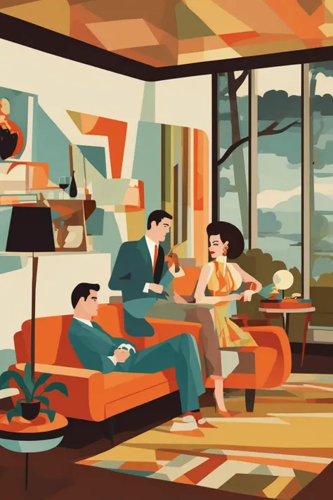 Josh Agle Style - mid century modern home living room with couple in the style of josh agle
