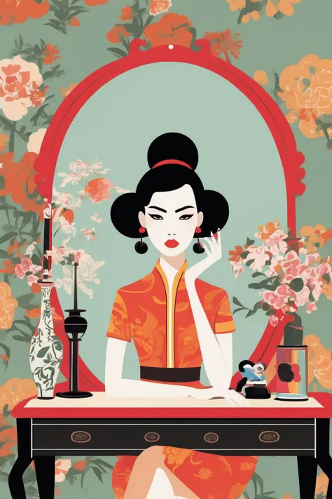 Josh Agle Style - Stylish and sophisticated cartoon girl sitting at dressing table asian faces no Chinese elements
