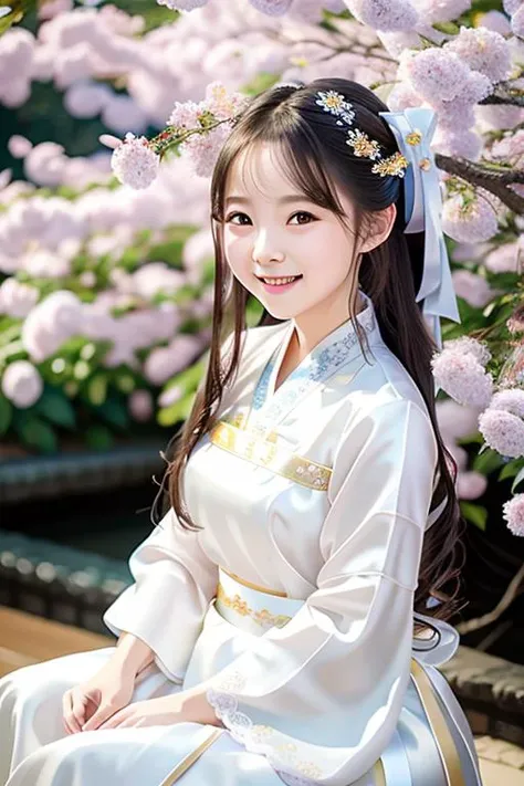 18age, (8k, best quality, masterpiece:1.2), (realistic, photo-realistic:1.37),1girl, cute, night, sitting, dating, (smile:1.15), small breasts, beautiful detailed eyes, white lace, floating hair,Wearing a white hanfu dress ,shining brightly face,shining brightly flower trees,shining brightly closthes,<lora:shining_brightly_v2-000010:0.7>