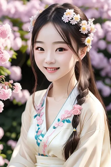 18age, (8k, best quality, masterpiece:1.2), (realistic, photo-realistic:1.37),1girl, cute, night, sitting, dating, (smile:1.15), small breasts, beautiful detailed eyes, white lace, floating hair,Wearing a white hanfu dress ,shining brightly face,shining brightly flower trees,shining brightly closthes,<lora:shining_brightly_v2-000007:0.7>