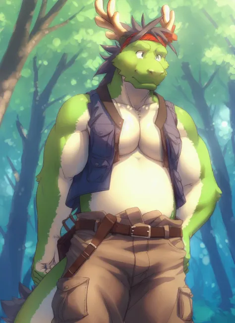 <lora:tatsuki-08:1>, tatsuki, solo, (soft shading, ultra realism shading), 4k, hi res, detailed face, detailed eyes, detailed, ((full body)), by zackarry911, by zaush, (by personalami:0.5), (plump), muscular, muscular male, belly, horns, antlers, sleeveless, belt, vest, headband, pants, photography, smooth skin, (kemono), (pose)