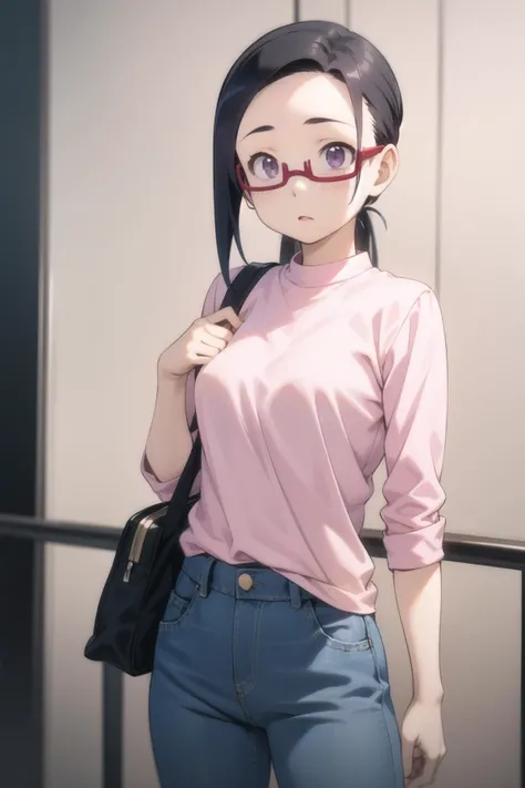 <lora:sato-000006:1> sato, glasses, red-framed eyewear, under-rim eyewear,
casual, pink shirt, denim, jeans,
1girl, solo, cowboy shot
