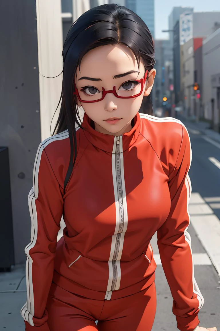 (masterpiece, best quality), 1girl, <lora:sato:1> sato, sato, glasses, red-framed eyewear, under-rim eyewear, sato, glasses, red-framed eyewear, under-rim eyewear, track jacket, track pants