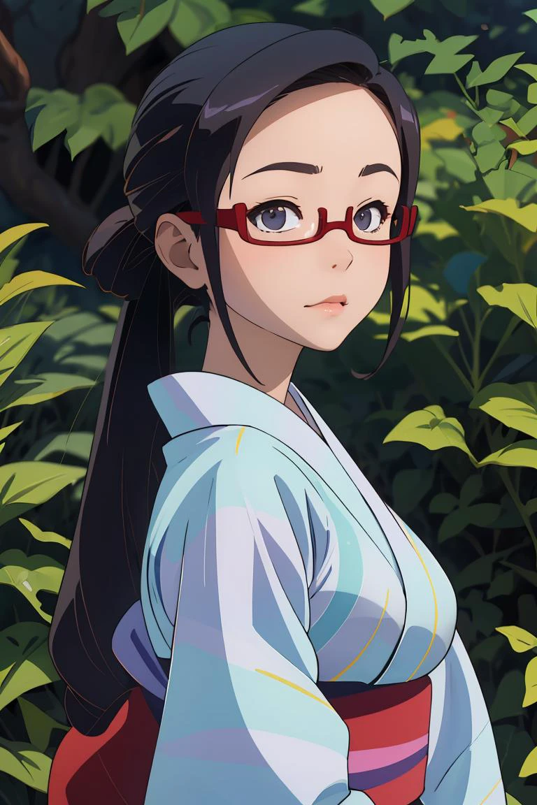 (masterpiece, best quality), 1girl, <lora:sato:1> sato, glasses, red-framed eyewear, under-rim eyewear, yukata