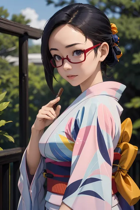 (masterpiece, best quality), 1girl,   <lora:sato:1> sato, glasses, red-framed eyewear, under-rim eyewear, yukata