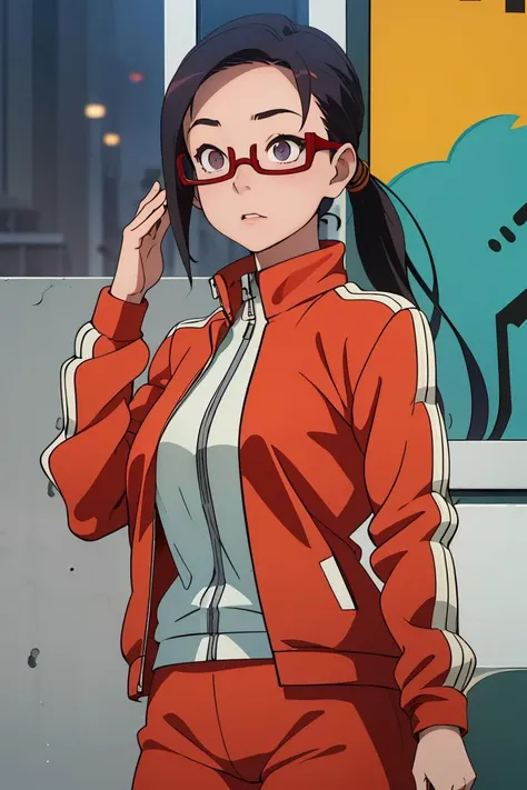 (masterpiece, best quality), 1girl,  <lora:sato:1> sato, sato, glasses, red-framed eyewear, under-rim eyewear, sato, glasses, red-framed eyewear, under-rim eyewear, track jacket, track pants