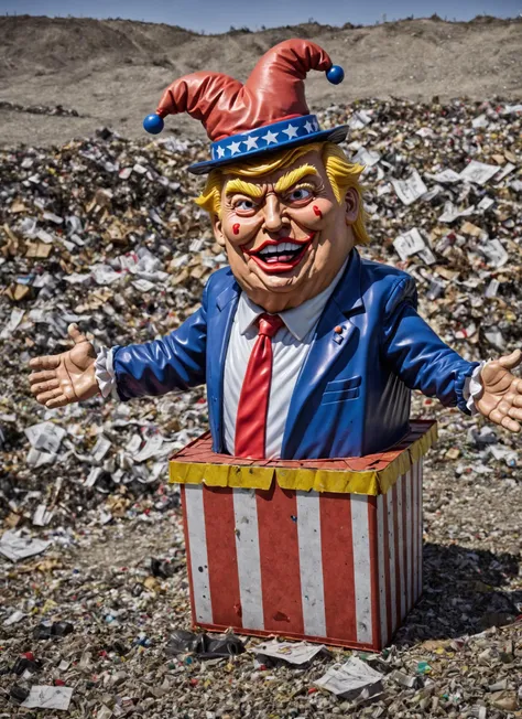 Fat and Old Donald Trump as a jackinthebox toy in a landfill, <lora:Jack-In-The-BoxXl:0.8>