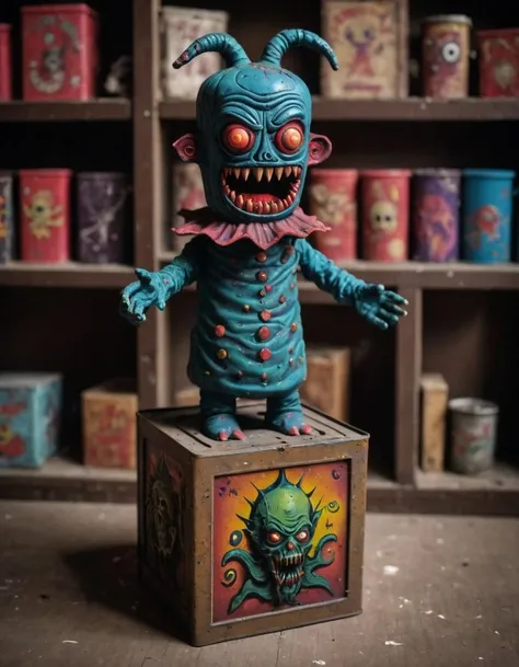 lovecraftian horror A vintage jackinthebox toy, its paint chipped and rusty from years of neglect, sits on a dusty shelf in an abandoned toy store, high contrast, vibrant colors, . eldritch, cosmic horror, unknown, mysterious, surreal, highly detailed, <lora:Jack-In-The-BoxXl:1>
