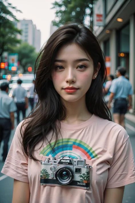 a woman with a camera on her shirt on a street corner with people walking by and a building in the background,1girl,shirt,looking at viewer,long hair,brown hair,solo focus,blurry,lips,realistic,camera,blurry background,pink shirt,upper body,short sleeves,outdoors,t-shirt,brown eyes,depth of field,black hair,blush,smile,black eyes,
Best quality,masterpiece,ultra high res,<lora:chaoren 1:0.6>,