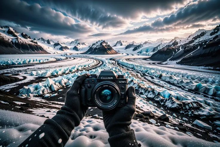 a person holding a camera taking a picture of a glacier with ice and snow on the ground and mountains in the background,camera,mountain,ice,cloud,sky,outdoors,holding camera,gloves,scenery,holding,cloudy sky,black gloves,long sleeves,snow,pov,day,
Best quality,masterpiece,ultra high res,<lora:chaoren 1:0.6>,