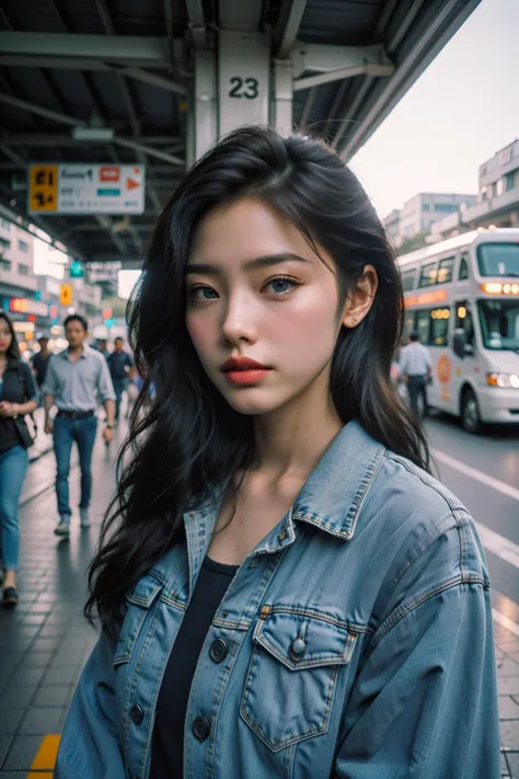 a woman with a handbag is standing on a sidewalk with a bus in the background and a man walking by,1girl,black hair,denim jacket,jacket,blurry,looking at viewer,realistic,blue eyes,solo focus,blurry background,denim,lips,ground vehicle,train station,blue jacket,long hair,hand up,upper body,car,bag,
Best quality,masterpiece,ultra high res,<lora:chaoren 1:0.6>,