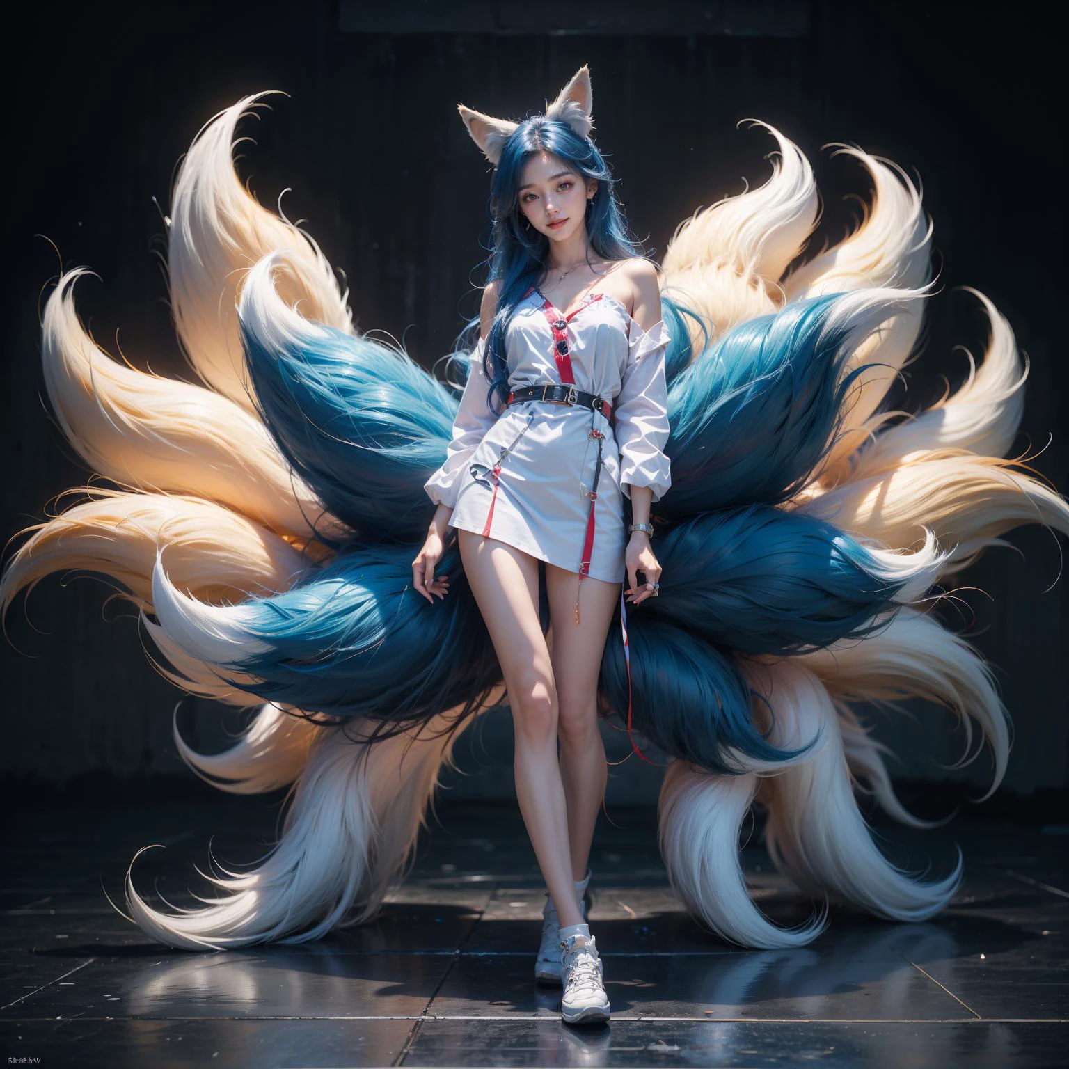 <lora:jiuwei_08:0.8>,(multiple tails:1.3),super high resolution,best quality,4k,jiuwei,1girl,fox ears,fox tail,smile,stand full body,long hair,blue hair,ç±ç¥è¸pureerosface_v1,pureerosface_v1,