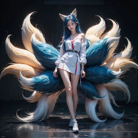 <lora:jiuwei_08:0.8>,(multiple tails:1.3),super high resolution,best quality,4k,jiuwei,1girl,fox ears,fox tail,smile,stand full body,long hair,blue hair,ç±ç¥è¸pureerosface_v1,pureerosface_v1,