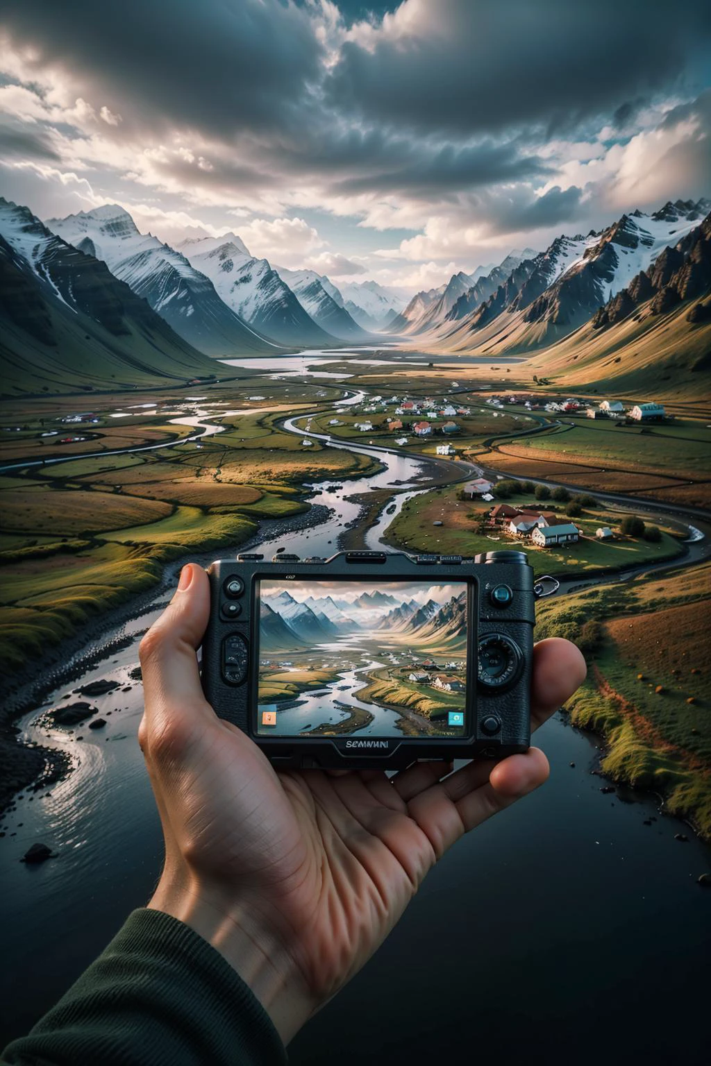 a person holding a camera in their hand with a landscape in the background and a mountain range in the foreground,cloud,mountain,sky,camera,outdoors,scenery,cloudy sky,reflection,holding,holding camera,landscape,pov,long sleeves,lake,mountainous horizon,1girl,road,
Best quality,masterpiece,ultra high res,<lora:chaoren 1:0.6>,