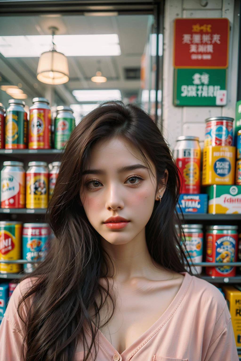 a woman standing in front of a store display of canned food and drinks, with long hair in the foreground, 1girl, solo, long hair, earrings, looking at viewer, jewelry, black hair, brown eyes, shirt, realistic, blush, pink shirt, lips, collarbone, upper body, portrait, closed mouth, brown hair, blurry, vending machine,
Best quality,masterpiece,ultra high res,<lora:chaoren 1:0.6>,