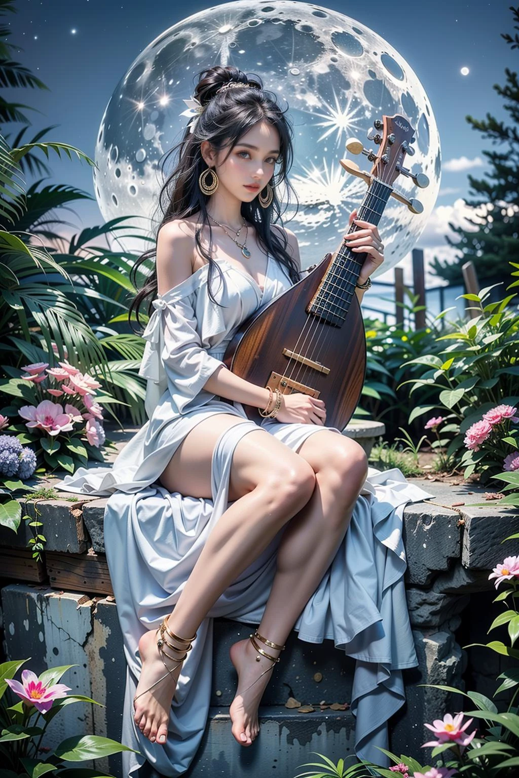 1girl,instrument,jewelry,barefoot,anklet,black hair,moon,solo,dress,necklace,bracelet,white dress,earrings,feet,sitting,bare shoulders,full body,lute (instrument),playing instrument,full moon,music,hair ornament,toes,Best quality,masterpiece,ultra high res,playing_pipa,pipa,