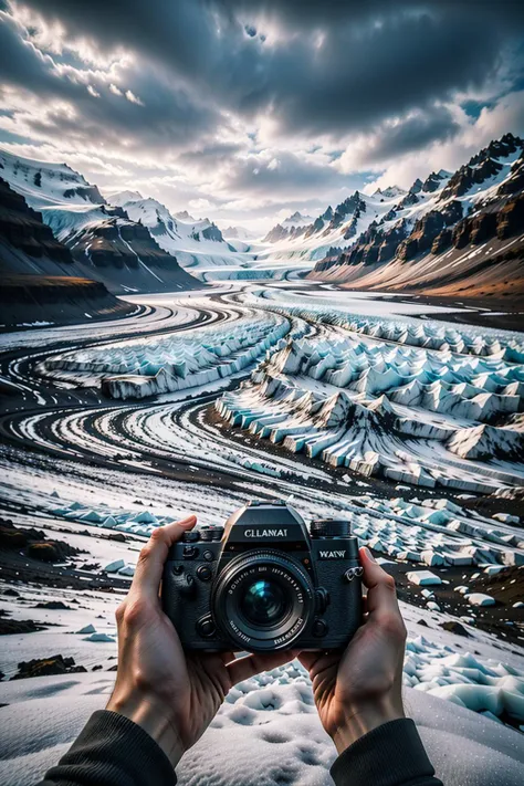 a person holding a camera in their hands with a glacier in the background and mountains in the distance with a cloudy sky, cloud, mountain, no humans, scenery, sky, outdoors, ice, cloudy sky, landscape, day, snow, red eyes,
Best quality,masterpiece,ultra high res,<lora:chaoren 1:0.6>,