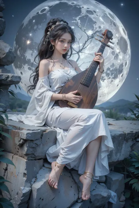 1girl,instrument,jewelry,barefoot,anklet,black hair,moon,solo,dress,necklace,bracelet,white dress,earrings,feet,sitting,bare shoulders,full body,lute (instrument),playing instrument,full moon,music,hair ornament,toes,Best quality,masterpiece,ultra high res,pipa,