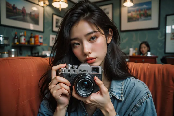 a woman holding a camera in a restaurant setting with a fuji fuji film camera in her hand and a fuji film in her other hand, 1girl, solo, camera, black hair, long hair, realistic, looking at viewer, couch, holding, lips, holding camera, indoors, blue eyes, blurry, head tilt, blurry background,
Best quality,masterpiece,ultra high res,<lora:chaoren 1:0.6>,