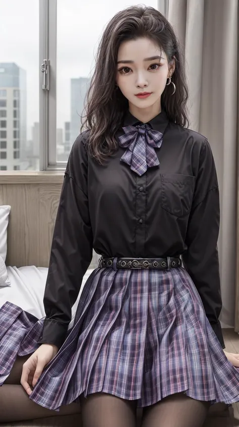 masterpiece,best quality,(detailed face, perfect face, perfect eyes, realistic eyes, perfect fingers),(clear face),fantasy girl,long hair,jewelry,earrings,looking at viewer,intricate,high detail,sharp focus,dramatic,beautiful girl,knees up,hotel room,standing,straight hair,
<lora:add_detail:0.9>,
<lora:Dark jk skirt_20230709163946:0.8> belt,plaid skirt,(black shirt:1.2),bowtie,school uniform,pantyhose,