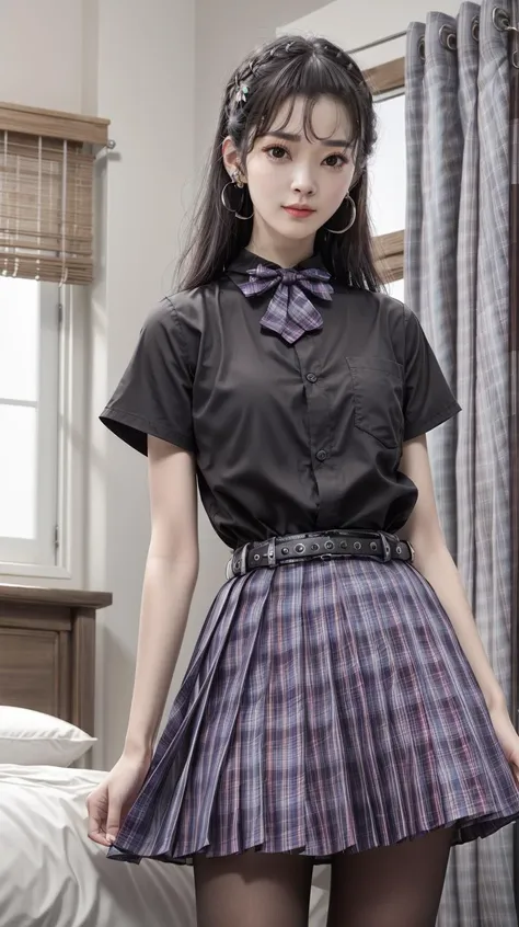 masterpiece,best quality,(detailed face, perfect face, perfect eyes, realistic eyes, perfect fingers),(clear face),fantasy girl,long hair,jewelry,earrings,looking at viewer,intricate,high detail,sharp focus,dramatic,beautiful girl,knees up,hotel room,standing,
<lora:add_detail:0.9>,
<lora:Dark jk skirt_20230709163946:0.8> belt,plaid skirt,(black shirt:1.2),bowtie,school uniform,pantyhose,