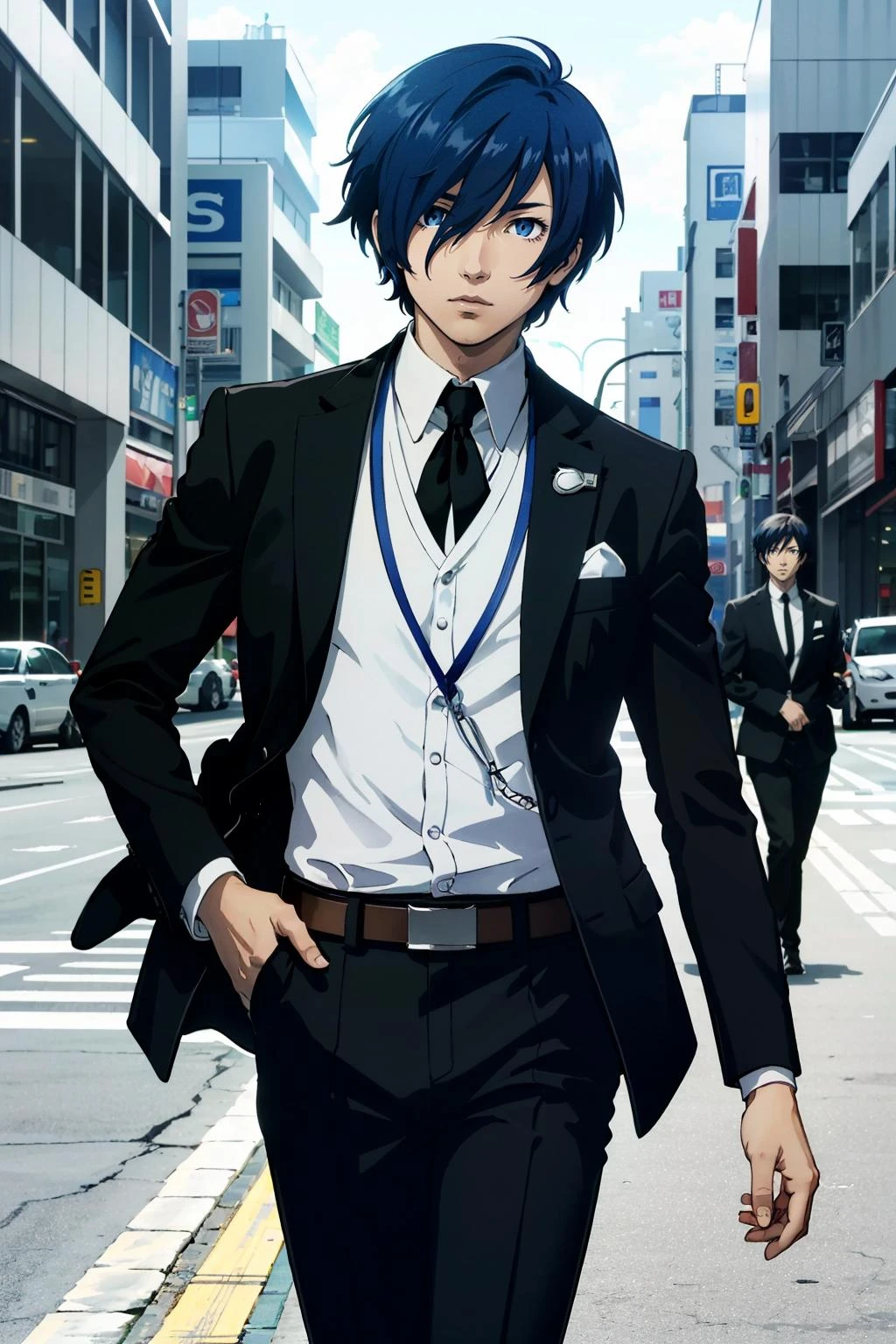 ((masterpiece, best quality))
<lora:Persona3MakotoYuki:0.8>
Persona3MakotoYuki, 1boy, solo, blue hair, blue eyes, in a busy urban street, wearing a tailored three-piece suit, confidently striding forward amidst the city's hustle and bustle