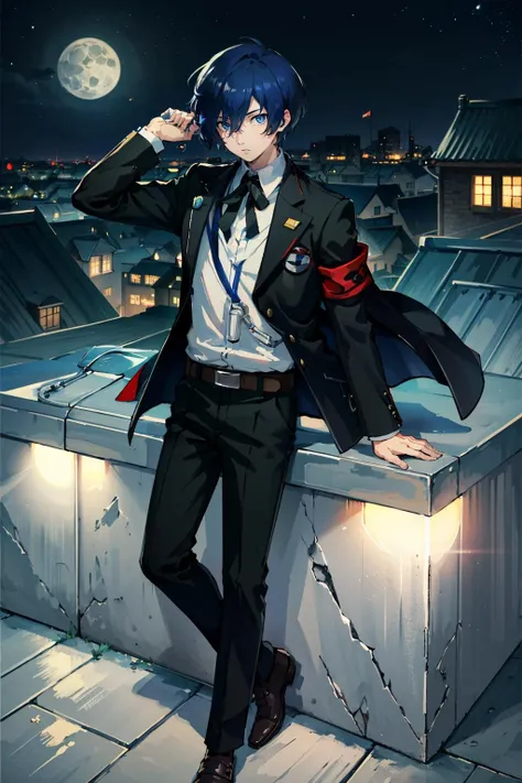 ((masterpiece, best quality))
<lora:Persona3MakotoYuki:0.8>
Persona3MakotoYuki, solo, blue eyes, 1boy, blue hair, male focus, School Uniform, Rooftop, Moonlit Night
