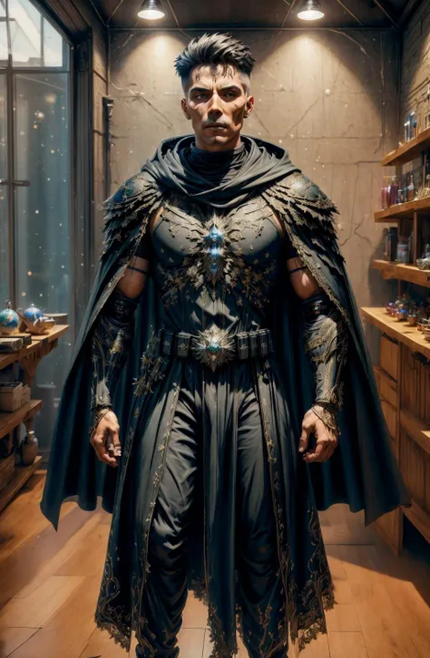 (8k, ultra quality, masterpiece:1.5)(ActionFigureQuiron style), solo, green oversized cloak, oversized cape, brown hood, leather, action figure, hood, concept art, ActionFigureQuiron style, action figure, plastic toy, premium toy, <lora:quiron_ActionFigure_v2_lora:1.1>, <lora:add_detail:0.8>, (macro shot:1.2), indoors, office, (bokeh:1.2), full body view, <lora:KaTRiNa aRMoR_v1:1> nhdsrmr, ktrmkp makeup