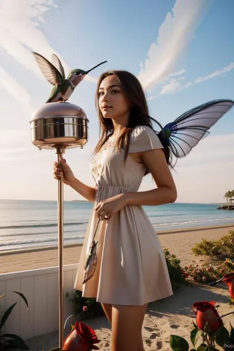 1girl, masterwork Oil painting, fairy tale, establishing shot of a Crude Primordial ([Bat:Hummingbird feeder:4]:1.3) , plain Brown background, dense beach with Roses, at Dawn, FOV 90 degrees, [ (abstract art by Jon McCoy:1.2) | (Valerio Olgiati:0.7) ], Simple and clean, Zen, intricate background, Knightcore, Rembrandt lighting, 800mm lens, Cold Colors, Elegant, dripping with Beige, extremely detailed CG Unity 8k wallpaper, 64K