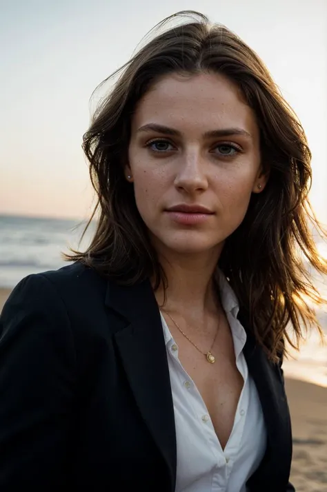 analog photograph, 1girl, 27 years old, brunette hair, wearing a business suit, at the beach in the golden hour, (((Ultra-HD-details, Ultra-HD-detailed, Ultra-HD-realistic))), PA7_Human-Likeness