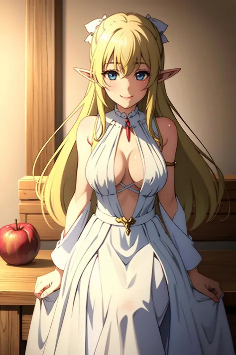 1girl, blonde hair, solo, Lyrule ,detail face,elf ears,blush, smile,blue eyeball, holding an apple,cross over dress, Loose Maxi Dress, Lyrule's long dress \(clothes), white skirt,slit halter dress \(clothes),(masterpiece, best quality, high quality, highres, ultra-detailed), <lora:Lyrule_train2-000006:0.6>,(white house background:1.3)
