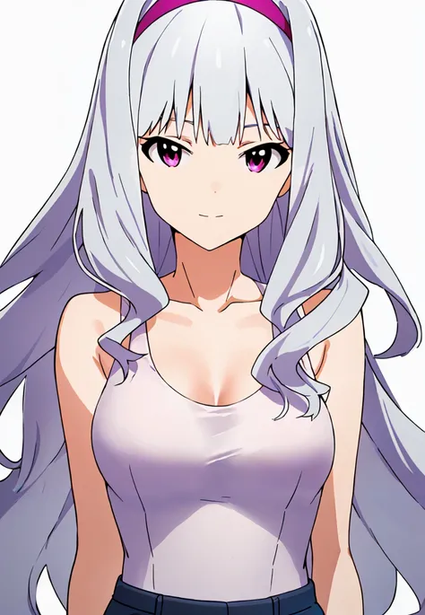 masterpiece, best quality,
takaneF1, 1girl, solo, white hair, long hair, wavy hair, bangs, pink eyes, medium breasts,
hairband,
tank top,
upper body, looking at viewer,
white background
<lora:takaneLora-000008:0.8:OUTALL>