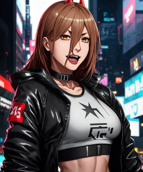 <lora:powa:1>, powa, yoji shinkawa, t-shirt, depth of field, digital painting, seductive smile, open mouth, looking at viewer, detailed background, city, outdoors, , birds, bokeh, stars, crop top, cyberpunk, richard schmid, techwear, latex, abs, toned, jacket, open jacket, choker, satin, leather,