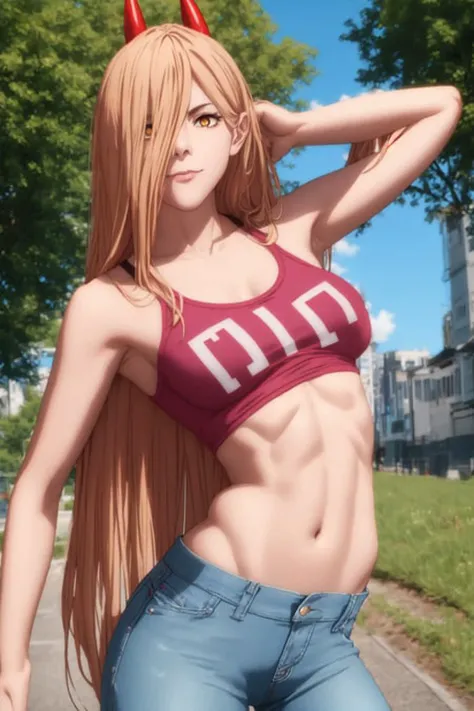 powa, outstretched arms, toned, long hair, crop top, small breasts, jeans, posing, horns, long hair, flexing, casual, detailed background, model, outdoors,