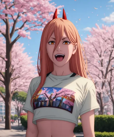 <lora:powa:1>, powa, t-shirt, depth of field, digital painting, seductive smile, open mouth, looking at viewer, detailed background, city, outdoors, confused, birds, bokeh, stars, cherry blossoms, alex ross, crop top,