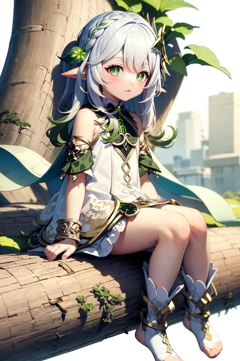 masterpiece, best quality, <lora:nahida14:1.0>,detailed illustration, kusanali, symbol-shaped pupils, white hair,white dress, green eyes,hair ornament, blush, full body, scenery, sitting on a tree branch
