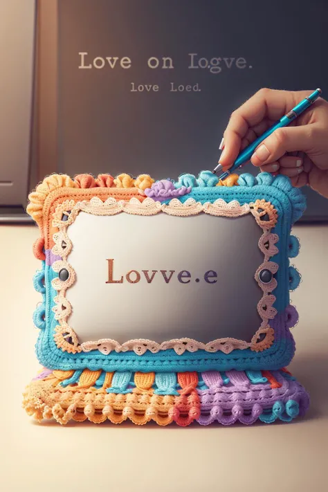 <lora:WorldofCrochet:1>, wocrochet, Laptop, lace edges,love text, love watermark, love logo