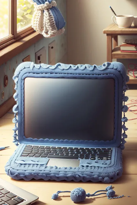 <lora:WorldofCrochet:1>, wocrochet, Laptop, blue