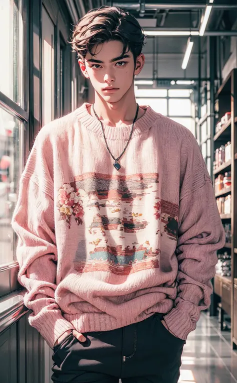 1male,<lora:AIWorldofCrochet:0.5>,wocrochet,pink sweater,loose clothes