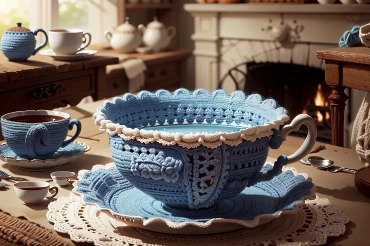 <lora:WorldofCrochet:1>, wocrochet, teacup, blue,