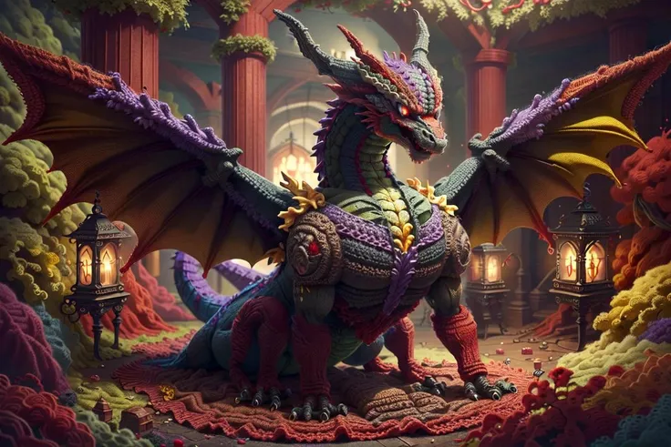 <lora:WorldofCrochet:1>, wocrochet, winged dragon, (red, blue, green, yellow, brown, purple, pink, black,)