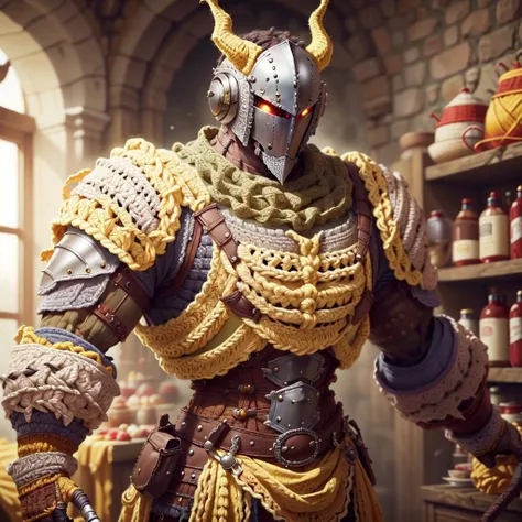 <lora:WorldofCrochet:1>, wocrochet, 1man, armoured, breastplate, gauntlets, knight, yellow,