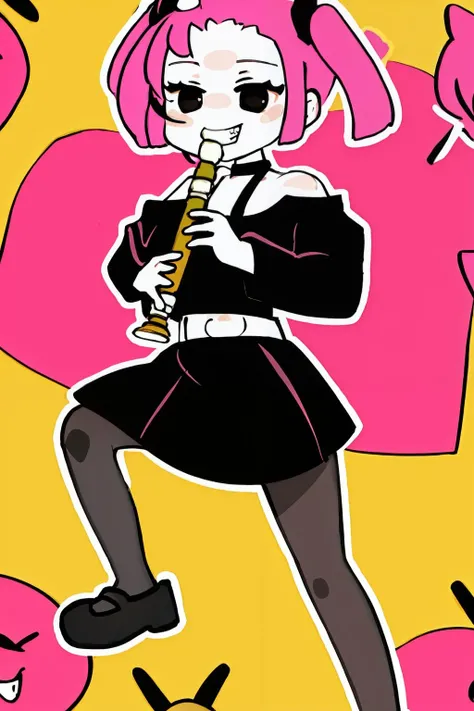masterpiece, best quality, <lora:sanngo:1>, <lora:Kyoufuu All Back:1>,sanngo,1girl,crop top, choker,black skirt,long sleeves, kyoufuu all back,simple background, grin,leg single pantyhose, full body,holding, instrument
